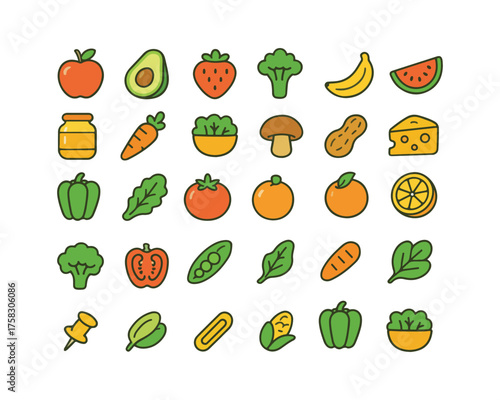 Colorful healthy food icon, healthy meal vector, nutritious food illustration, fresh fruits and vegetables icon, organic food cartoon, balanced diet icon, healthy eating doodle, vitamin rich food vect