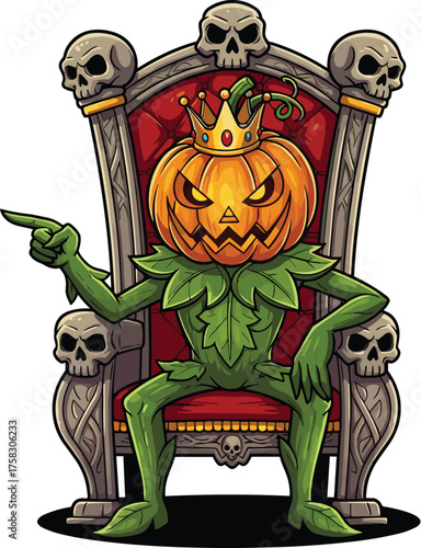 Halloween Pumpkin King on Throne, Commanding Pointing Illustration, Autumnal Fantasy Scene, Cartoon Character Art, Spooky Season Design, Ornamental Crown, Gothic Skulls Decor, Trick or Treat Mascot, H