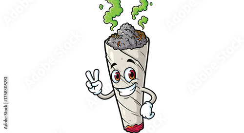 Joyful Marijuana Joint Cartoon Character Smoking with Peace Sign on White Background, Cannabis Dispensary Mascot, Legalization Advocate Illustration, Recreational Drug Use, Medical Marijuana, Psychede