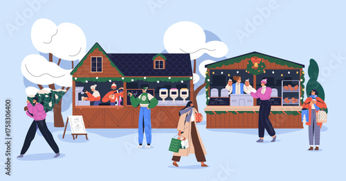 Christmas holiday, people walking and shopping at street market, festive fair. Outdoor cafe and bakery booths with hot drinks, food. Seasonal winter advent, vacation. Flat vector illustration