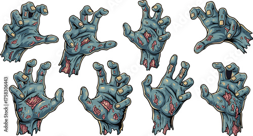 Cartoon Zombie Hands Reaching Out Illustration in Dark Halloween Setting, Graphic Resource for Horror Themed Party Invitation, Spooky Graphic Novel Art, Horror Film Poster, Halloween Decoration & Desi