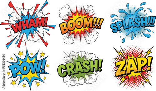 Dynamic Comic Book Style Explosions and Sound Effects Illustration, Vector Graphics, Pop Art Retro Designs for Action, Impact, Wham, Boom, Splash, Pow, Crash, Zap, Expressive Words, Vivid Colors for E