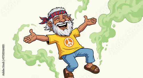 Cartoon Hippie Man Joyfully Embracing Peace with Open Arms Amidst Green Vapor Clouds, Expressing Happiness, Freedom, and Positive Vibes in a Whimsical Celebration of Lifestyle and Wellbeing, Ideal for