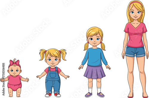 Blonde Cartoon Girl's Lifespan Stages, Baby to Young Adult Evolution, Development Depiction on White Backdrop for Education, Presentations & Infographics, Cartoon Illustration Style in Pink, Blue & De