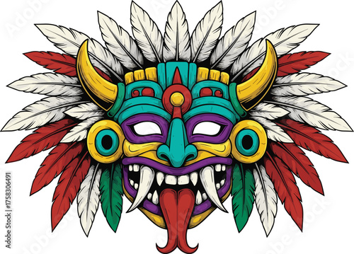Intricate Aztec Mask with Feathers Representing Ancient Civilization Rituals, Isolated on White Background for Cultural Heritage Projects, Tribal Art Illustrations, Tattoo Designs, and Colorful Vector