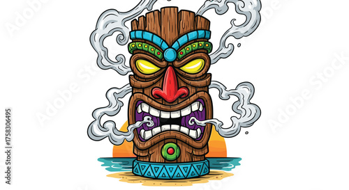 Menacing Tiki God Idol Emerging from Beach Sunset with Volcanic Smoke - Cartoon Illustration for Exotic Travel, Polynesian Culture, Hawaiian Mythology, Tribal Art, Tattoo Design, Modern Graphics, and