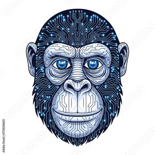 Ape headshot with an analytical expression and a digital circuit board overlay for technology and AI topics