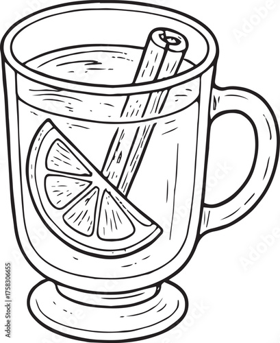 Hand-drawn transparent glass for mulled wine with cinnamon stick and orange slice. Black and white linear illustration for winter recipes, menu design, or Christmas decoration.