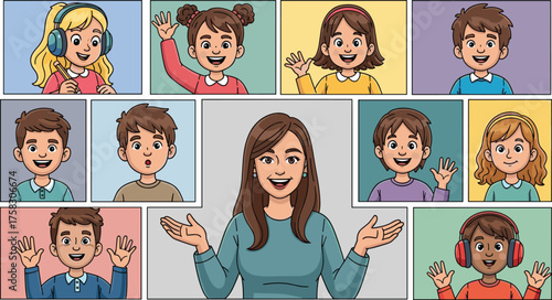 Online Classroom Virtual Meeting with Teacher and Diverse Students Learning Remotely from Home, Engaging in Digital Education and Communication via Video Conference Technology for Young Learners Devel