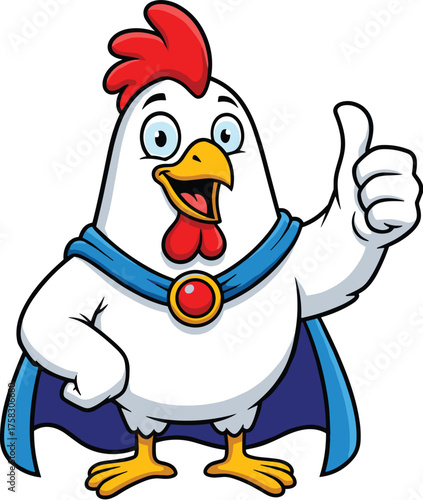 Confident Chicken Cartoon Mascot Giving Thumbs Up on White Background, Cheerful Poultry Superhero Character for Kids Education, Food Industry Branding, Animation Projects, Business Presentation, Moder