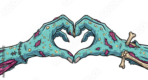 Zombie Hands Making a Heart Gesture on White Background: Undead Affection, Halloween Love, Horror Romance, Halloween Party, Post-Apocalyptic, Comic Style, Vector Illustration, Teal & Pink, Monster Pas