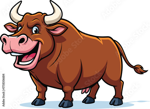 Cartoon Bull Character Smiling Vigorously in a Cheerful Mood, Mascot for Agriculture, Livestock, Farming, Ranching Industries, Marketing, Presentations, Animated Style, Funny Animal, Ranch Life, Comic
