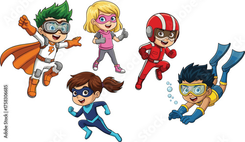 Energetic Team of Superhero Children in Action Poses on White Backdrop: Cartoon Style Illustration for Youth Education, Kids Entertainment, Creative Projects, Childhood Adventures, Graphic Novel Desig