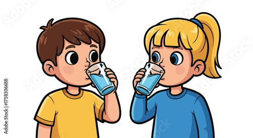 Two Young Children Hydrating with Water, Promoting Healthy Habits and Wellness in a Bright, Cartoon Illustration for Educational Materials and Health Campaigns Emphasizing the Importance of Hydration,