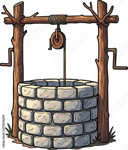 Rustic Stone Water Well with Wooden Frame and Pulley System in Rural Setting, an Illustration for Historical Themes and Farm Life, Ideal for Educational Materials and Storytelling, Depicting Vintage A