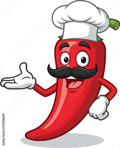 Cheerful Red Chili Pepper Chef Welcoming Guests to a Spicy Food Restaurant, Promoting Culinary Delights and Culinary Arts, Cartoon Mascot with Mustache Offering Delicious Mexican Cuisine, Foodie Art,