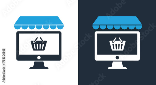 Vector illustration of online shopping computer icon with basket on screen -  editable modern style icon.