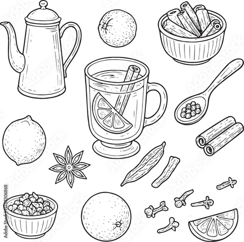 Black and white hand-drawn vector illustration of mulled wine spices and utensils – cinnamon, anise, cloves, orange slices, and teapot. Perfect for cozy winter and holiday designs.