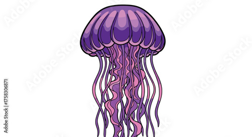 Vibrant Purple Jellyfish Drifting Underwater, a Decorative Marine Animal Illustration for Children's Education Material, Cartoon Style Graphic for Aquatic Biology Presentations, Creative Art Project &