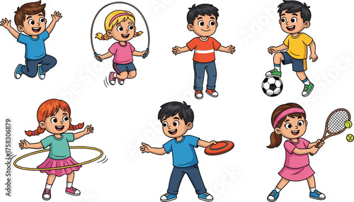 Cheerful Cartoon Children Playing Various Sports Outdoors, Jumping, Skipping Rope, Soccer, Frisbee, Hula Hoop, Tennis, Demonstrating Healthy Activity for Education, Fitness, and Recreation Projects, C
