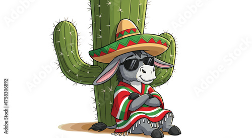 Cool Cartoon Donkey Chilling by a Cactus Wearing a Sombrero & Poncho in Mexican Desert Scene Illustration for Cinco de Mayo Celebrations & Southwestern Style Designs for Festive Presentation & Marketi