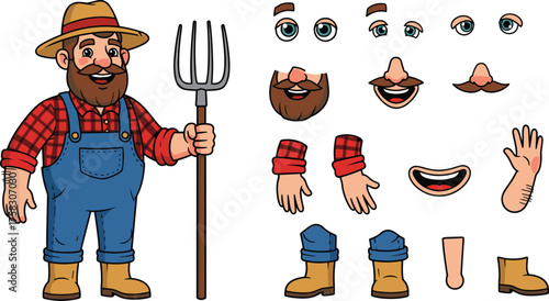 Cartoon Farmer Character with Interchangeable Parts for Animation: Rustic Agricultural Worker Holding Pitchfork in Countryside Setting, Customizable Expressions, Design for Education, Farming, Lifesty