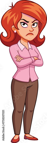 Annoyed Redhead Woman Standing with Arms Crossed, Expressing Disapproval in Cartoon Style, Ideal for Presentations, Online Graphics, and Educational Materials Depicting Negative Emotions and Frustrati