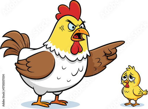 Angry Rooster Scolding Crying Chick Cartoon Illustration on White Background - Domestic Fowl Conflict, Poultry Problem in Farm Animals Depiction,  Education,  Family Issues, Comic Style,  Kids Story,