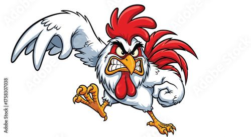 Aggressive Cartoon Chicken Attacking Front Facing in Furious Rage Isolated on White Background, Farm Animal Mascot Character with Angry Expression for Gaming Graphics,  Sports Team,  Advertising, Anim