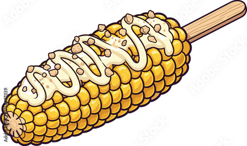 Delicious Elote on a Stick with Mayo and Cheese, a Sweet Corn Treat Isolated on White, Street Food Snack for Summer Festivals and Celebrations, Perfect for Print and Web Design, Modern Takeout Cuisine