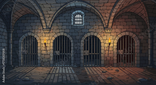 Medieval Dungeon Interior with Stone Walls and Gated Cells, Illustration for Fantasy Game Design, Adventure Storytelling, History Education, Graphic Novel, or Dark Ages Historical Drama Backdrop, Eeri