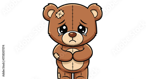 Sad Teddy Bear Crying with Patch Standing Isolated on White Background, Cartoon Plush Toy Depicting Loneliness, Childhood Grief, Unhappiness in Children's Illustration for Emotional Expression, Mascot