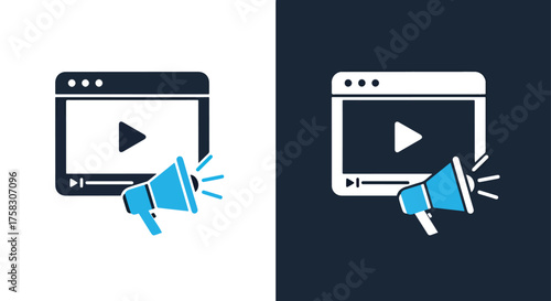 Video marketing icon with megaphone promotion vector graphic for digital advertising -  editable modern style icon.