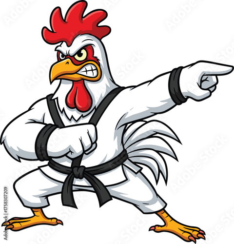 Confident Karate Chicken Instructor Demonstrating Self-Defense Technique on White Background for Martial Arts Training Illustration, Aggressive Animal Cartoon Mascot Character in Sportswear, Exercise