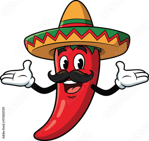 Happy Red Chili Pepper Cartoon Character Wearing Sombrero Presenting with Open Arms Against White Background, a Fun Mascot for Mexican Food Promotions and Spicy Cuisine Advertising, Restaurant Menu, F