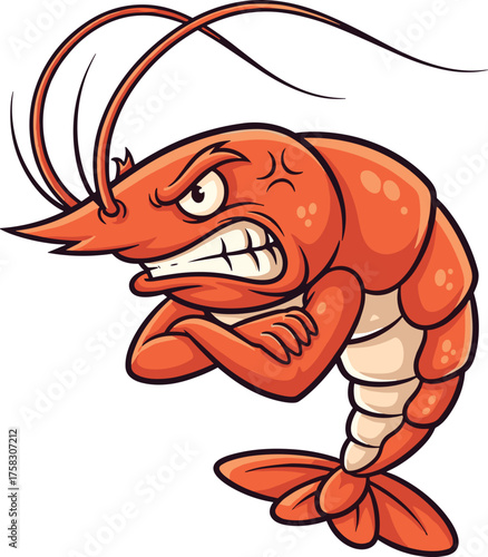 Angry Shrimp Cartoon Character with Crossed Arms Isolated on White Background, Irritated Crustacean, Seafood Mascot for Restaurant or Food Business, Aggressive Vector Graphic, Seafood Promotion, Bold