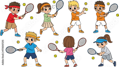 Enthusiastic Kids Playing Tennis Outdoors, Cheerful Children in Active Game, Sporty Lifestyle, Youth Fitness and Recreation, Energetic Students, Healthy Exercise, Cartoon Illustration, Childhood Fun,