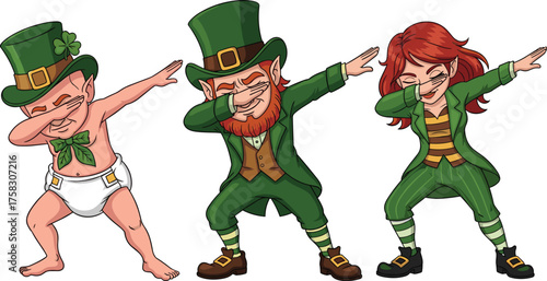 Festive Leprechaun Trio Dabbing for St. Patrick's Day Celebration, Cartoon Characters Embracing Irish Culture and Holiday Spirit, Funny Lucky Charm Icons, Promoting Joyful Traditions, Graphic Design E