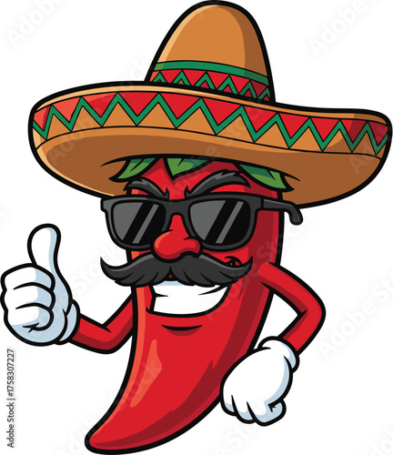 Spicy Chili Pepper Cartoon Character Giving Thumbs Up Wearing Sombrero and Sunglasses, Expressing Approval, Mexican Culture, Food and Beverage Industry, Restaurant Mascot, Vibrant Colors, Isolated, Ce