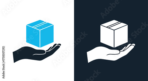 Scalable vector icon of hand holding a box delivery package in two color themes -  editable modern style icon.