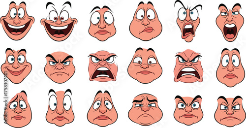 Cartoon Character Faces Expressing Various Emotions, Demonstrating Expressions for Animation and Design, On Pink Background, Illustrating Moods, Feelings, and Reactions, for Creative Projects and Emot