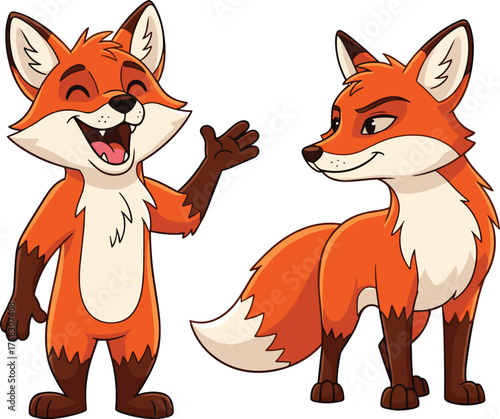 Friendly Cartoon Foxes Expressing Contrasting Emotions, Happy and Grumpy in a Playful Forest Setting, Representing Wildlife, Humor, Animation, Kids Storytelling, Digital Art, Illustration, Character D