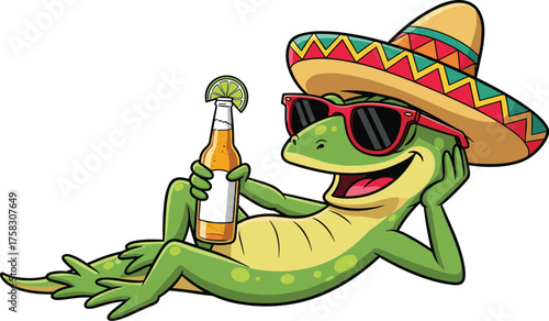 Relaxed Cartoon Lizard Wearing a Sombrero and Sunglasses Sipping Beer on Vacation for Cinco de Mayo Celebration, a Festive Mexican Holiday Themed Graphic for Advertising and Resort Promotion, Vibrant