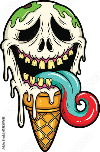 Melting Skull Ice Cream Cone Cartoon Character - Halloween Treat, Spooky Dessert Concept, Creepy Food Design, Fun Kids Illustration, Scary Graphic, Edgy Fashion Print, Unique Sticker, Party Decoration