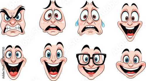 Cartoon Faces Expressing Diverse Emotions and Reactions Illustration Set: Animated Facial Expressions Representing Anger, Fear, Joy, Happiness, Surprise, and Smart Intelligence for Animation, Educatio