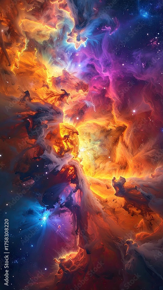 Fototapeta premium Cosmic Nebula: Vibrant Orange Purple and Blue Hues