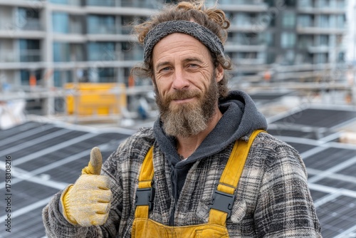 Confident solar panel installer with beard and headband giving thumbs up while working outdoors in cold weather Generative AI