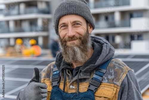 Smiling bearded solar panel installer giving thumbs up while working on rooftop in cold weather with buildings in background Generative AI