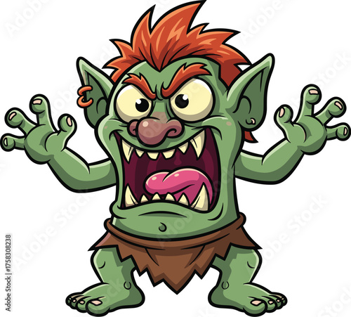 Menacing Green Goblin Cartoon Character Roaring Aggressively with Sharp Teeth and Angry Expression on White Background for Halloween Illustration, Comic Book, Mascot, Fantasy Game, Children's Story, S