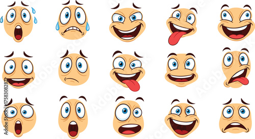 Cartoon Face Expressions Collage: Emotions Portrayal for Animation & Comics, Funny Character Heads Set, Diverse Feelings Depiction, Joy, Sadness, Anger, Surprise, Vector Design Illustrations, Comic Gr